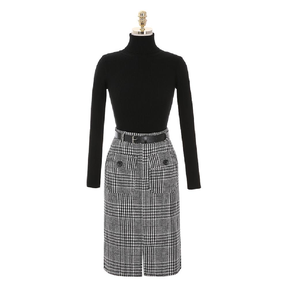op4006 Belt construction Polar neck knit and check pattern skirt set two piece set
