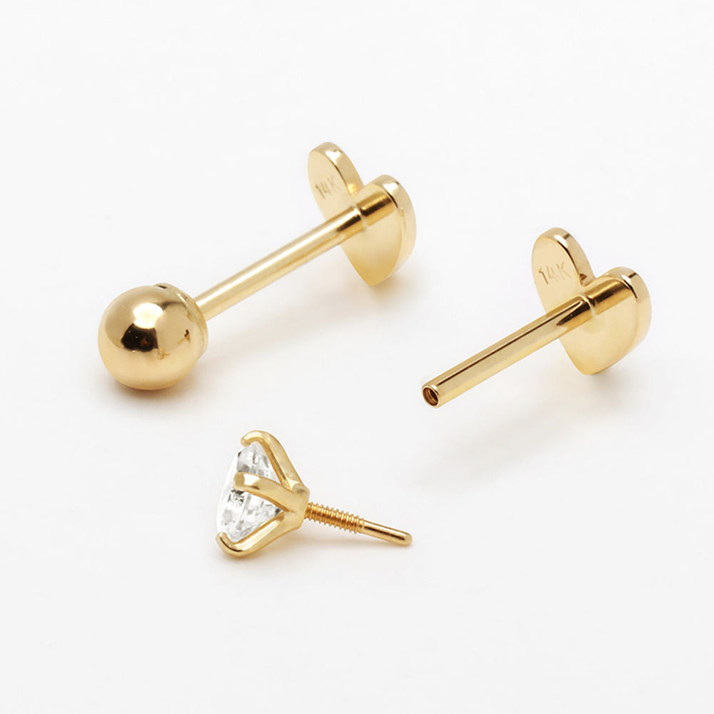 GOLD CZ 4PRONG HEAD / HEART INTERNAL THREAD BODY PIERCING & EARRING